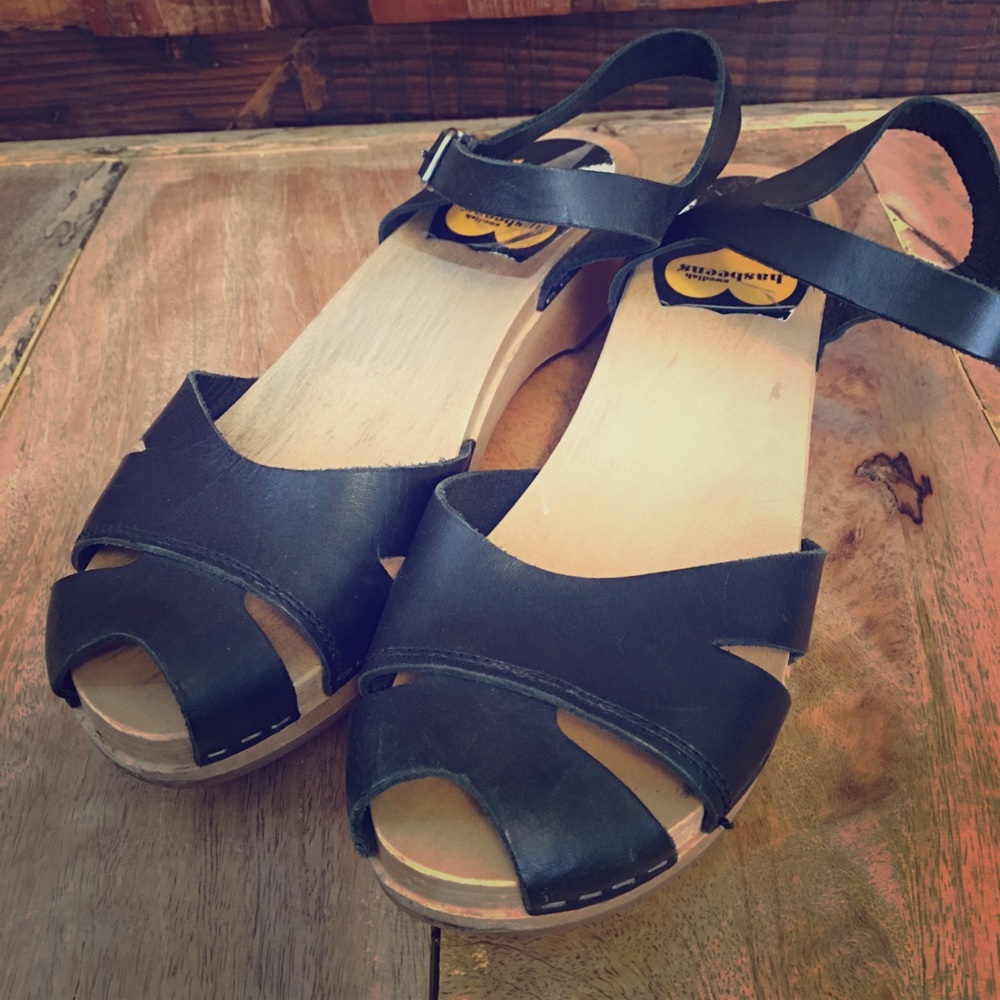 Swedish Hasbeens Black Wooden Clog Sandals